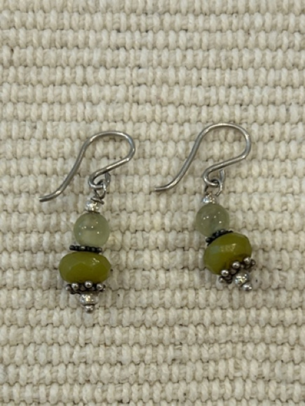 Olive Green Glass Bead Drop Earrings with Silver Accents